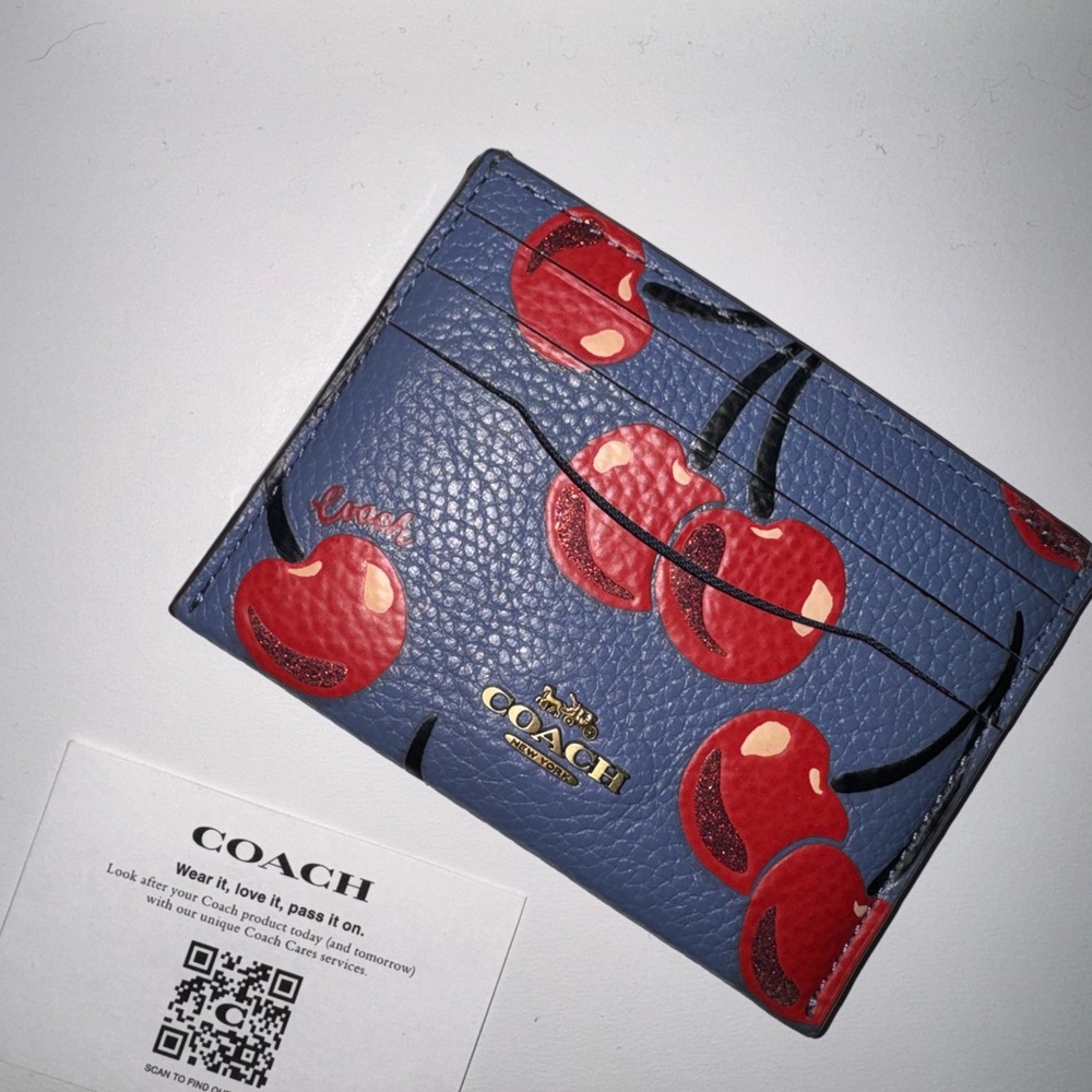 Coach Retail Washed Leather Cherries Print Flat Card Case
